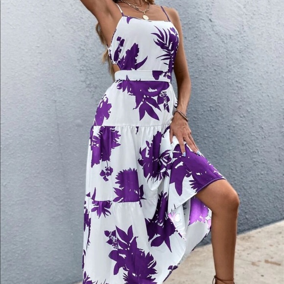 Boho blue white floral tropical print tie back maxi dress - Picture 10 of 14